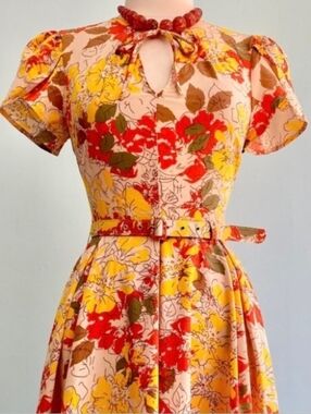 Unique Vintage Floral Midi Dress in Red, Yellow & Cream - Size 16